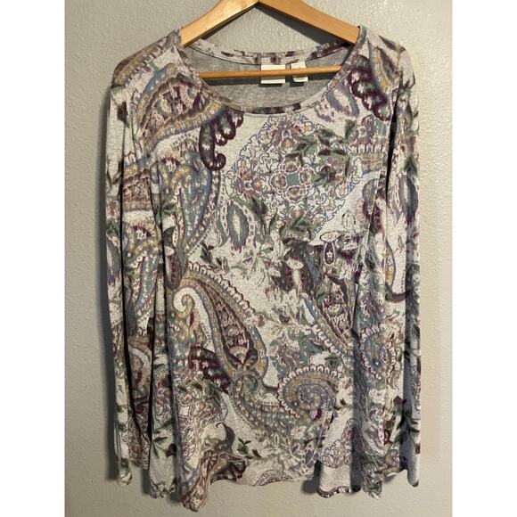 Chico's Zenergy Shirt Womens Extra Large Gray Paisley Long Sleeve Stretch Knit - Picture 1 of 8